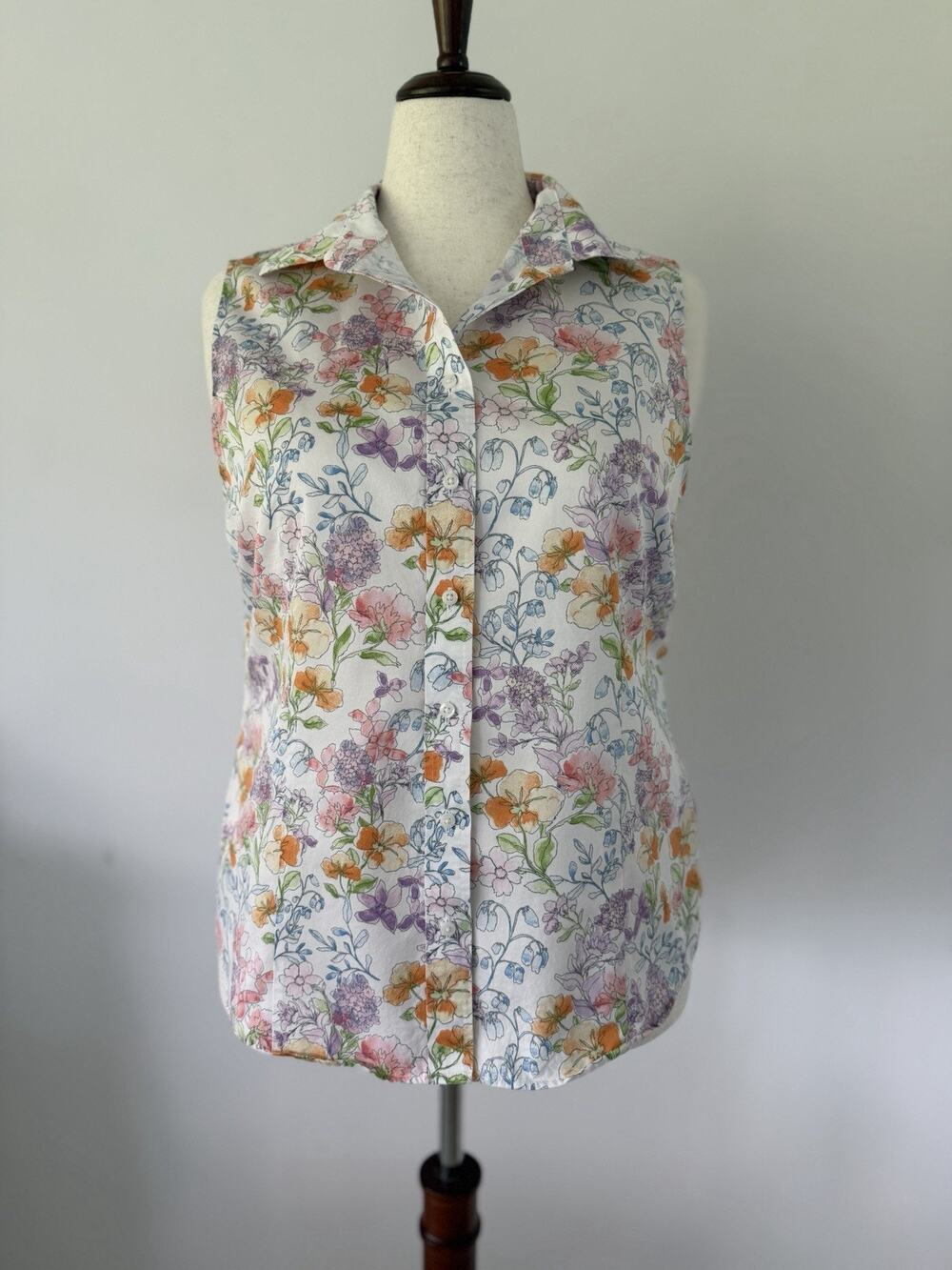 Brooks Brothers Pastel Floral Sleeveless Button Front Cotton Blouse Women’s 16